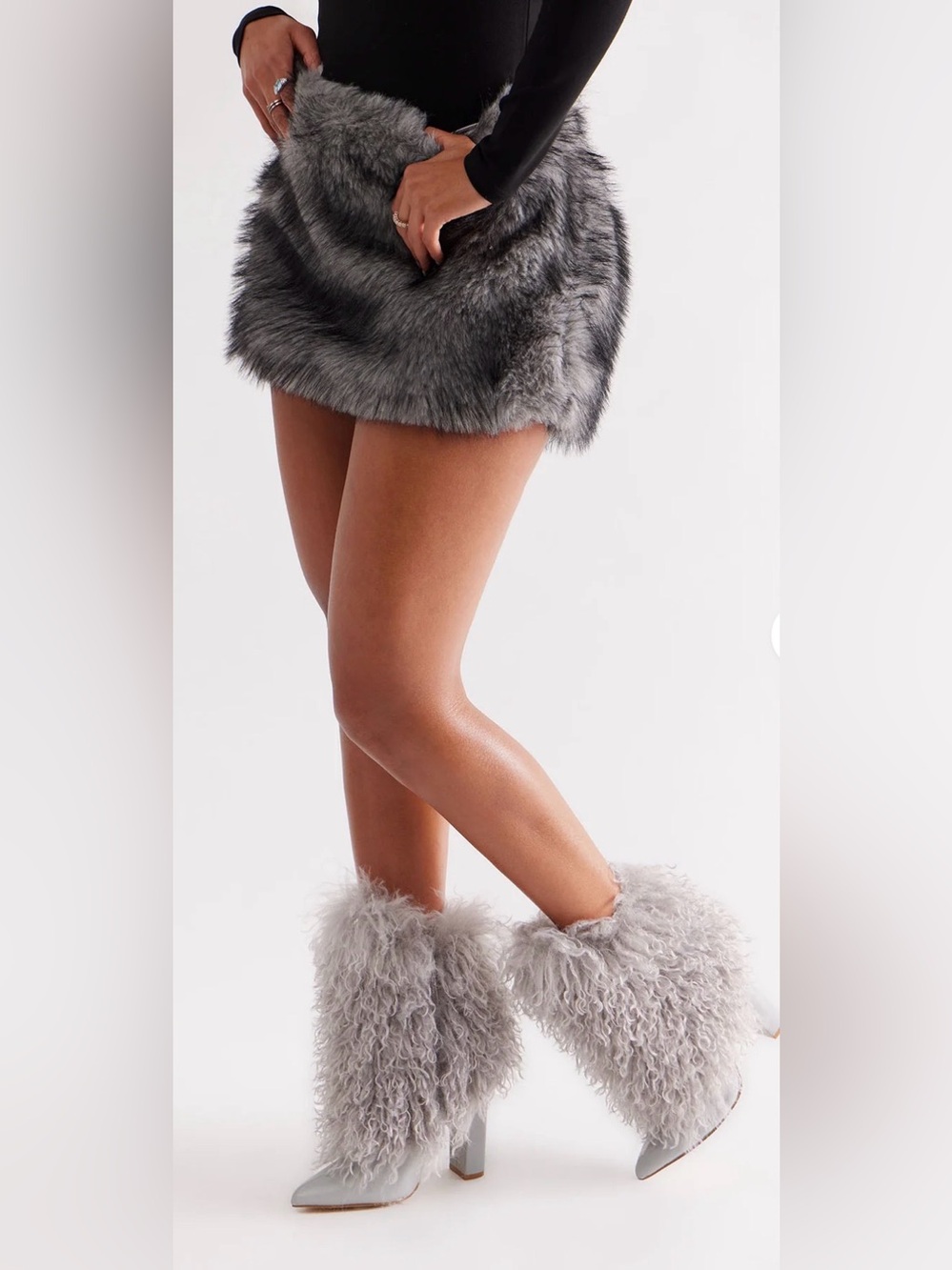 Faux Fur Gray Heeled Boots - Chic Women’s  Booties